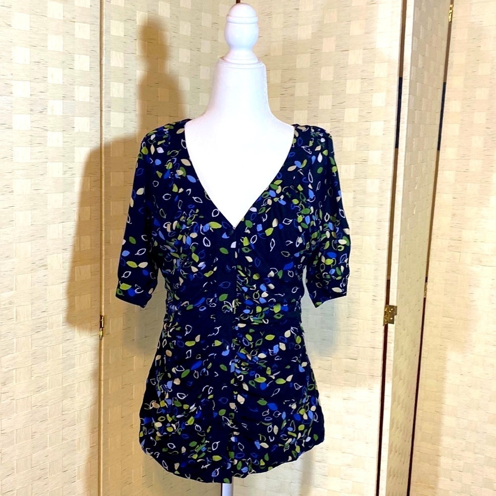 STYLE & CO DEMURE WOMEN’S v Neck BLOUSE TOP Black Blue Green Sz L GUC